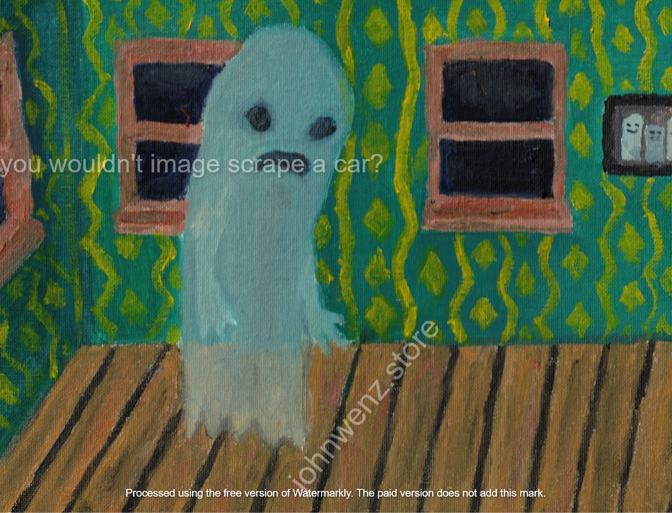 a sad looking ghost in an empty house with a photo of a family on the wall